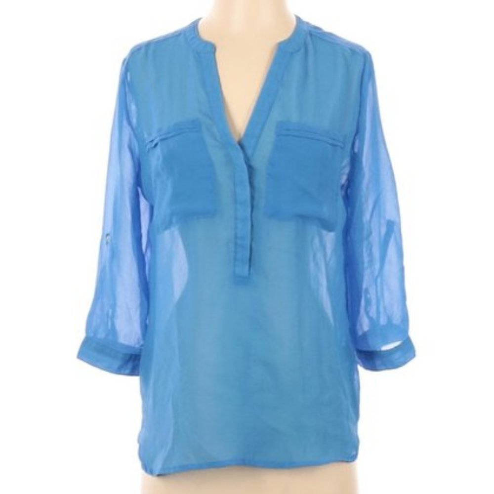 Apt. 9 Ocean Blue Sheer Roll Tab Sleeve Blouse | S - Picture 2 of 9